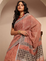 Libas Red Geometric Printed Cotton Saree With Unstitched Blouse Piece