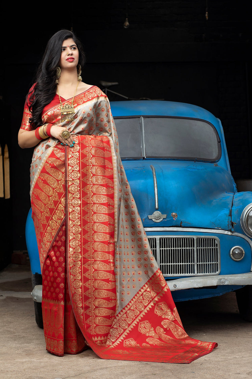 Red-Grey Banarasi Silk Festival Wear Saree With Blouse