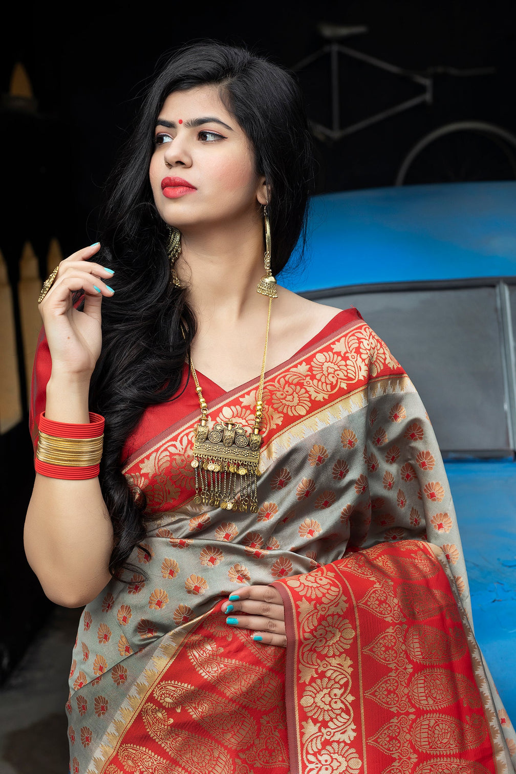 Red-Grey Banarasi Silk Festival Wear Saree With Blouse