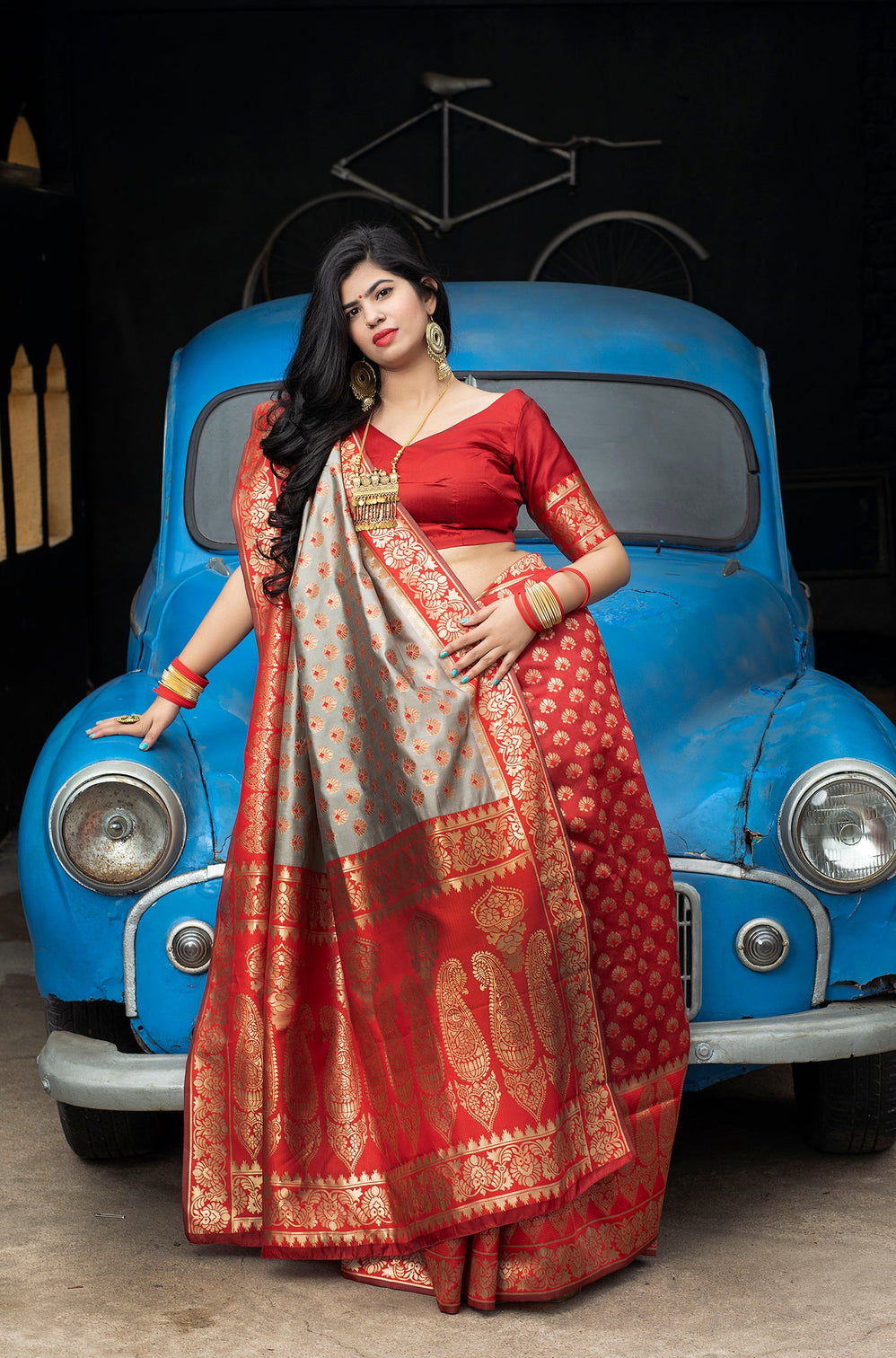 Red-Grey Banarasi Silk Festival Wear Saree With Blouse