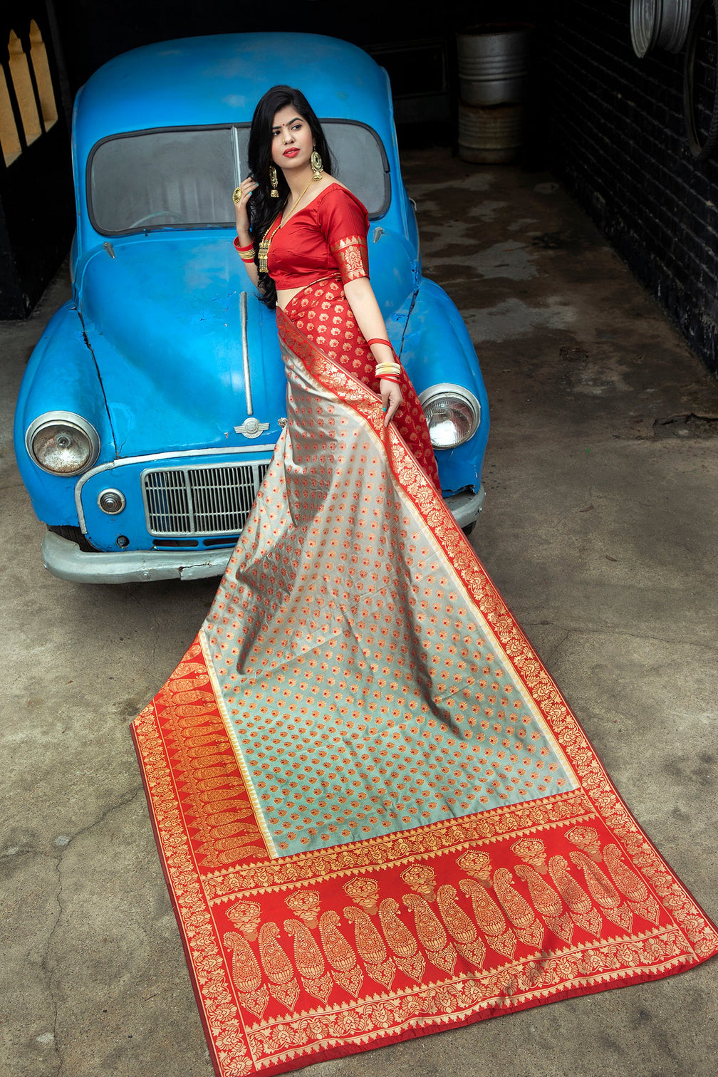 Red-Grey Banarasi Silk Festival Wear Saree With Blouse