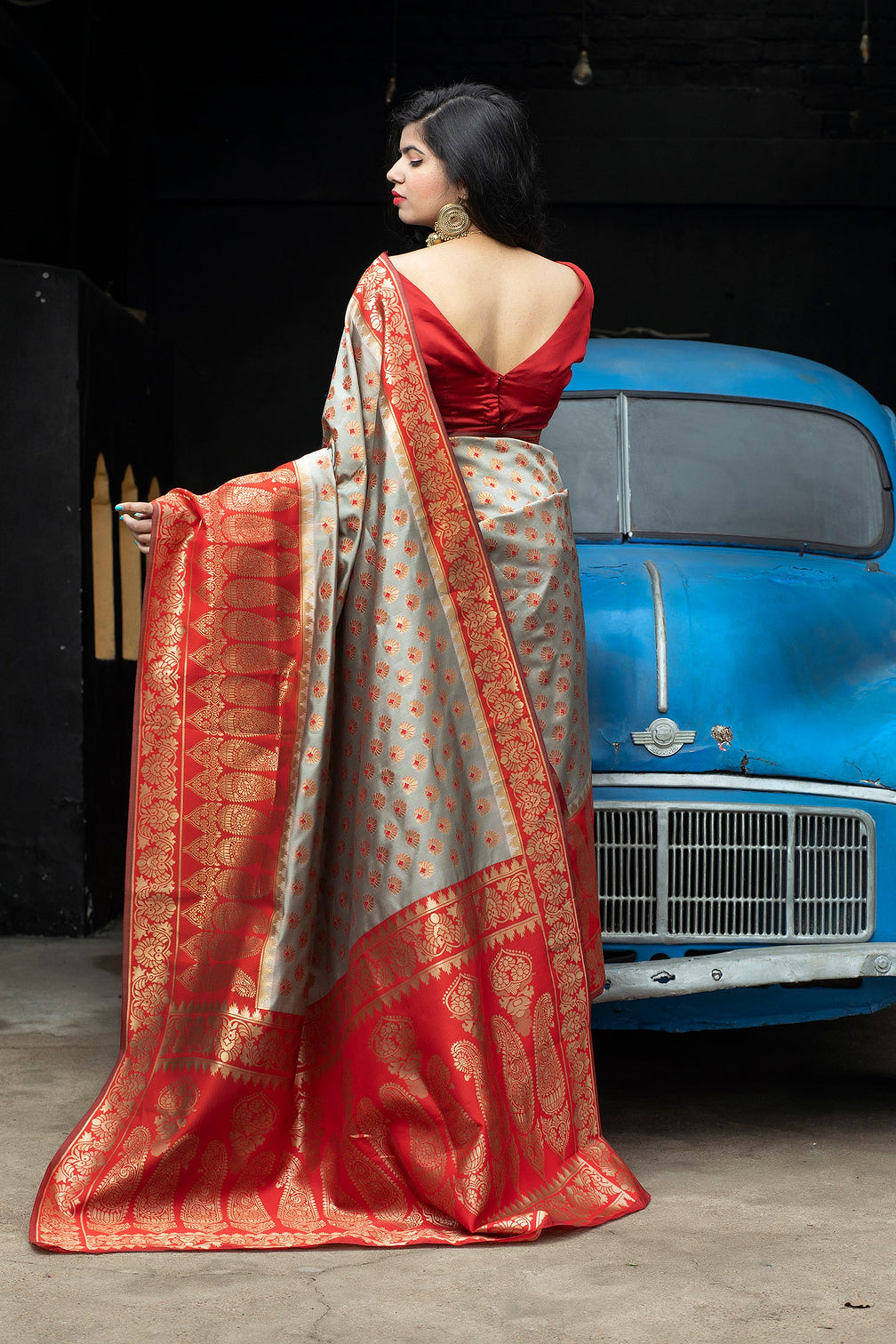 Red-Grey Banarasi Silk Festival Wear Saree With Blouse