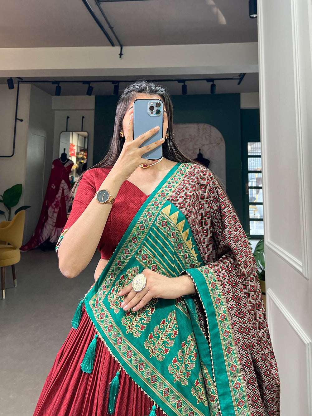 Red Color Printed Tussar Silk Lehenga Choli