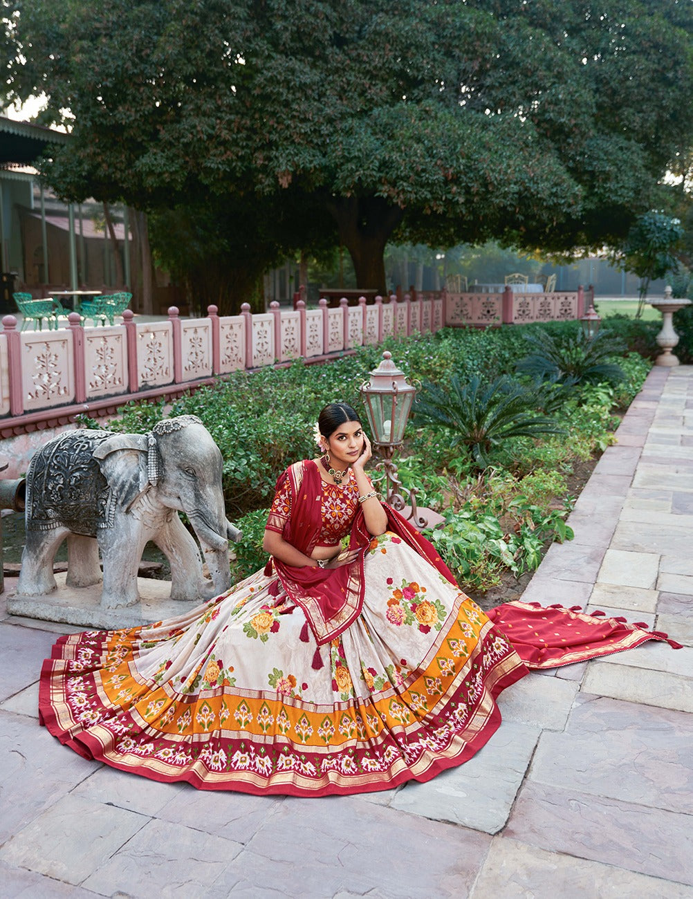 Red Dola Silk Lehenga Choli with Floral & Patola Print