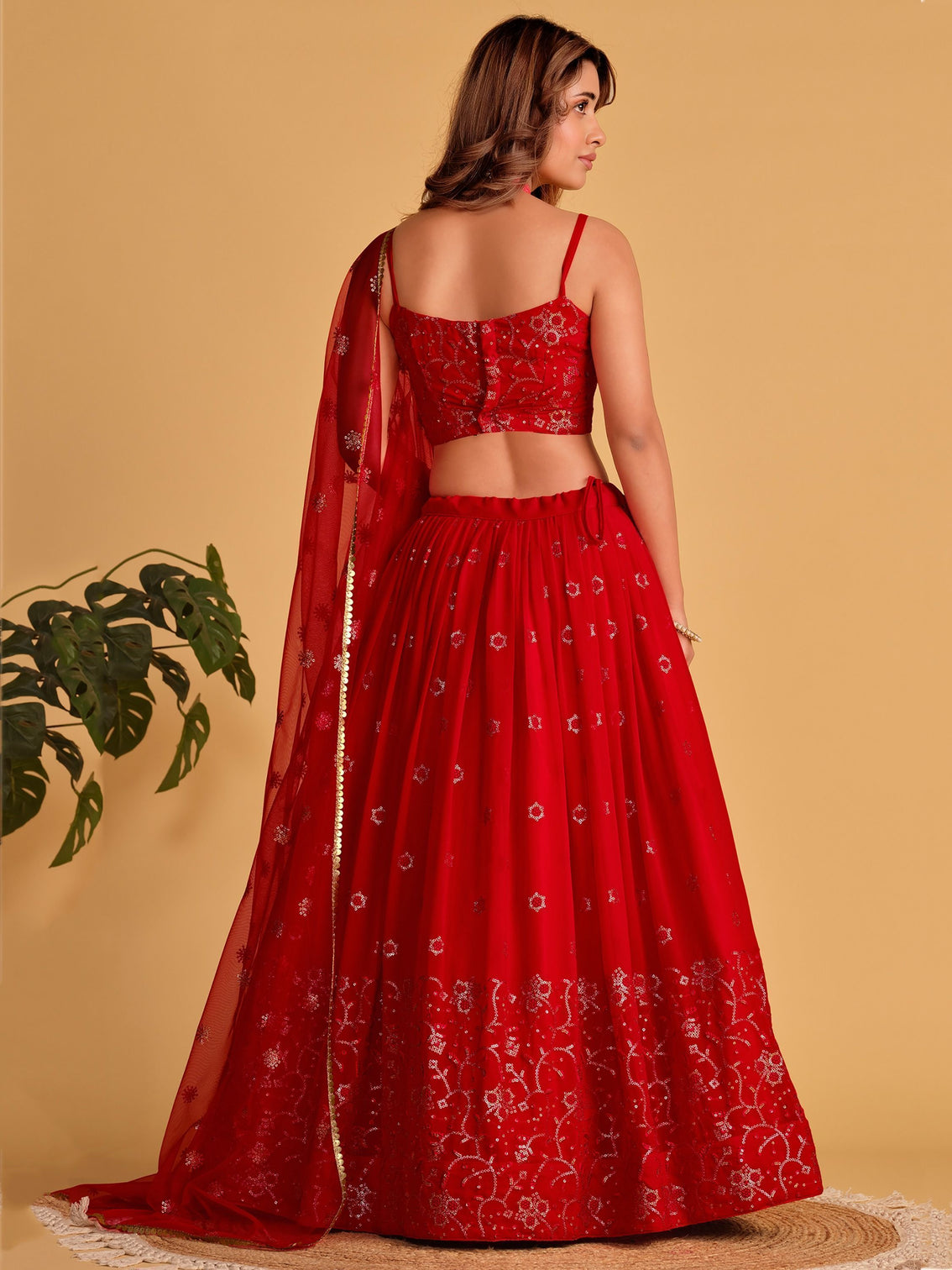 Red Embroidered Georgette Lehenga Choli for your Engagement