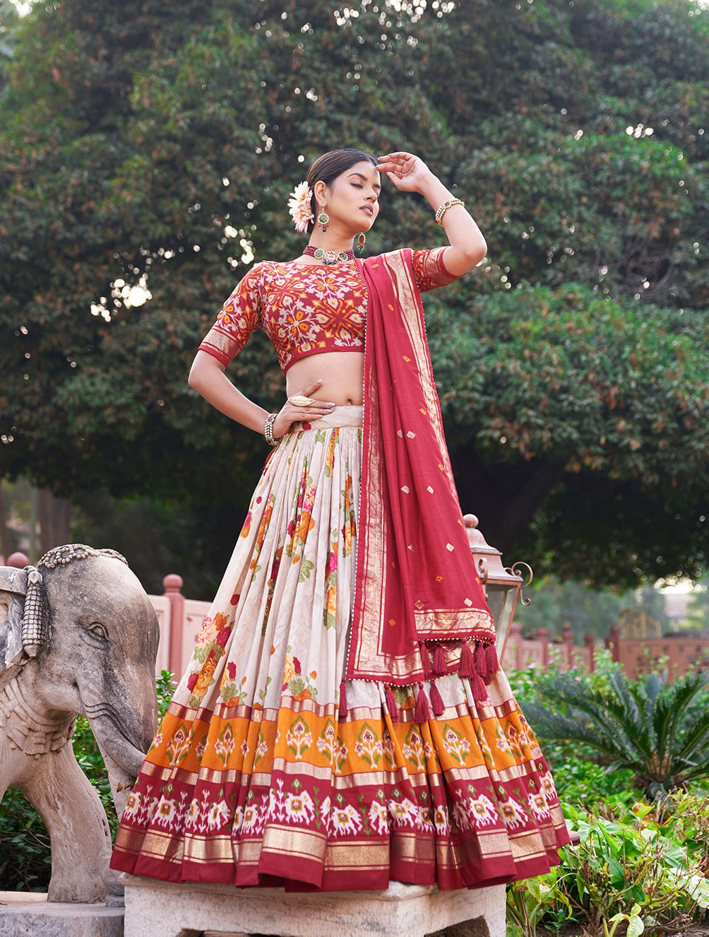 Red Dola Silk Lehenga Choli with Floral & Patola Print
