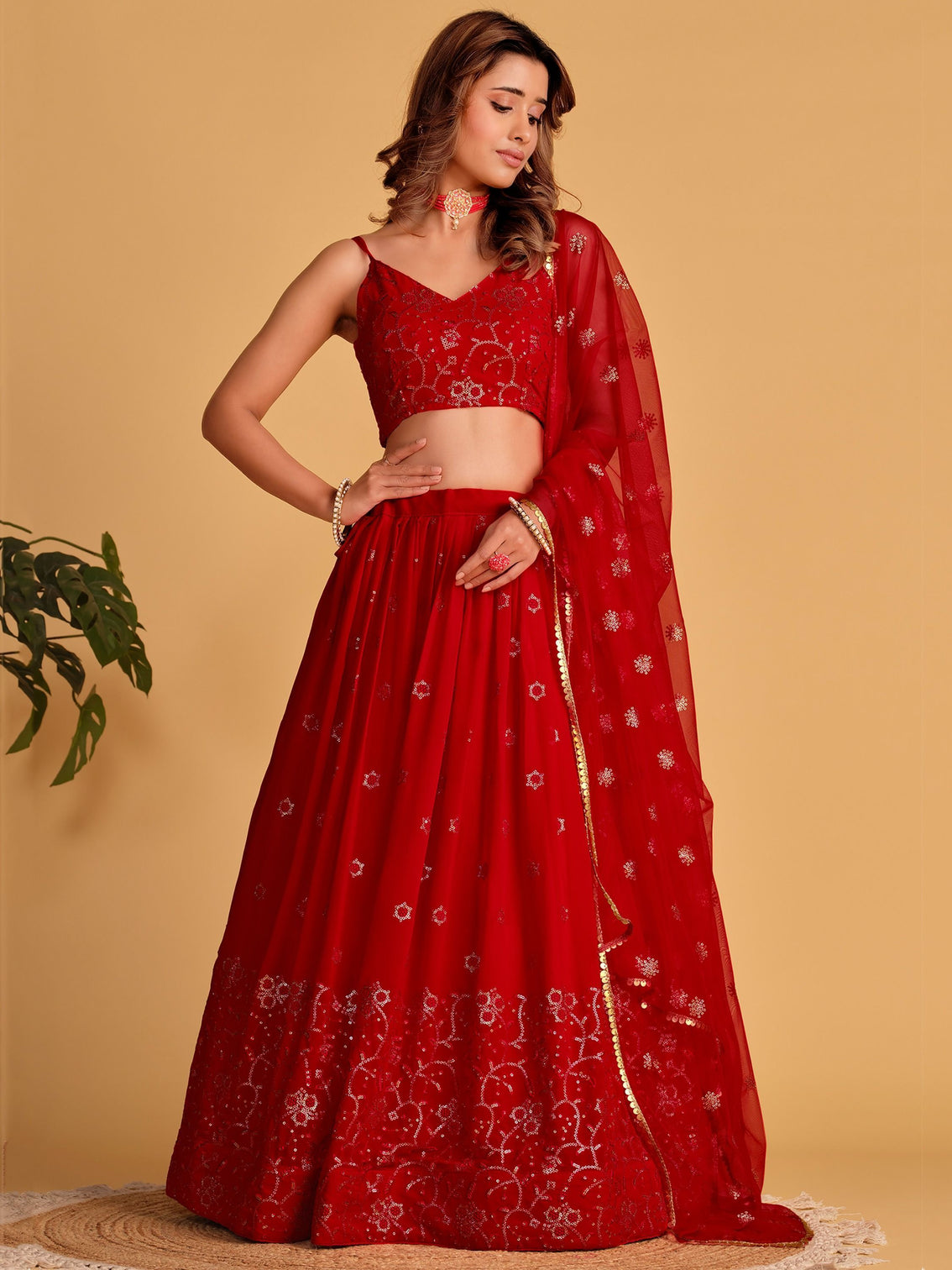 Red Embroidered Georgette Lehenga Choli for your Engagement