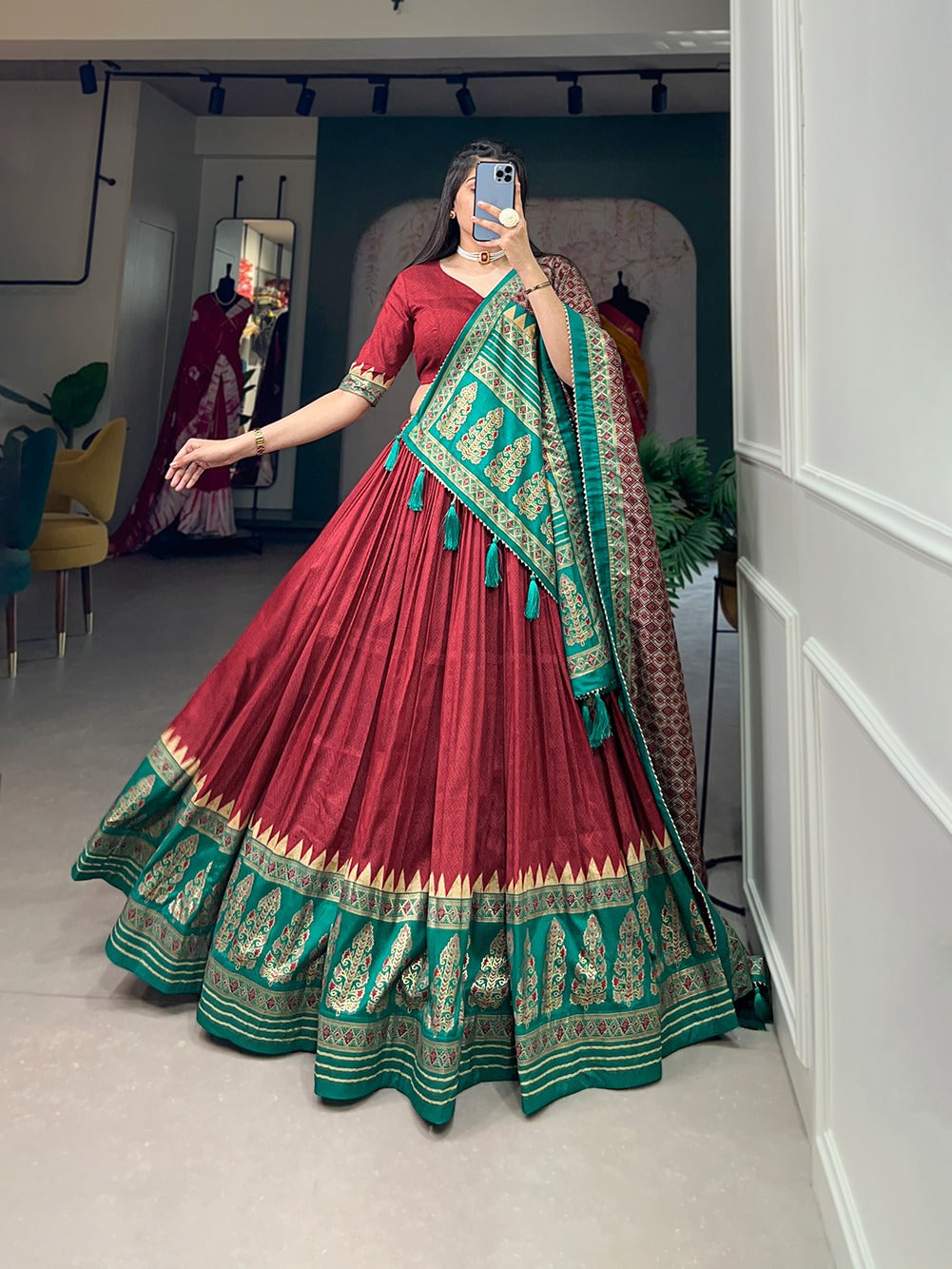 Red Color Printed Tussar Silk Lehenga Choli