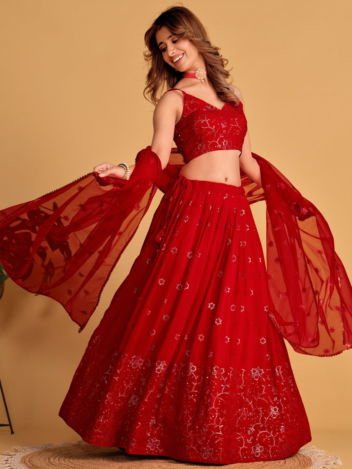 Red Embroidered Georgette Lehenga Choli for your Engagement