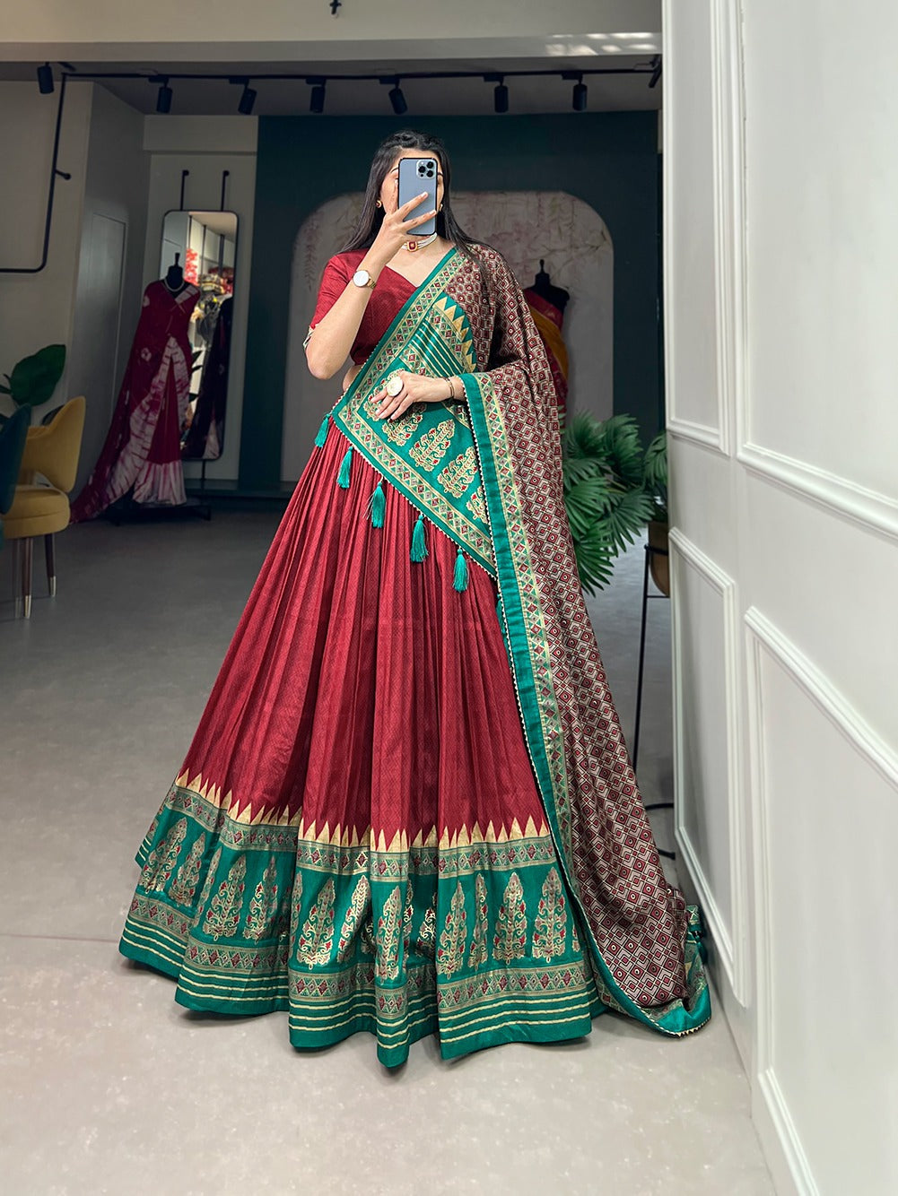 Red Color Printed Tussar Silk Lehenga Choli