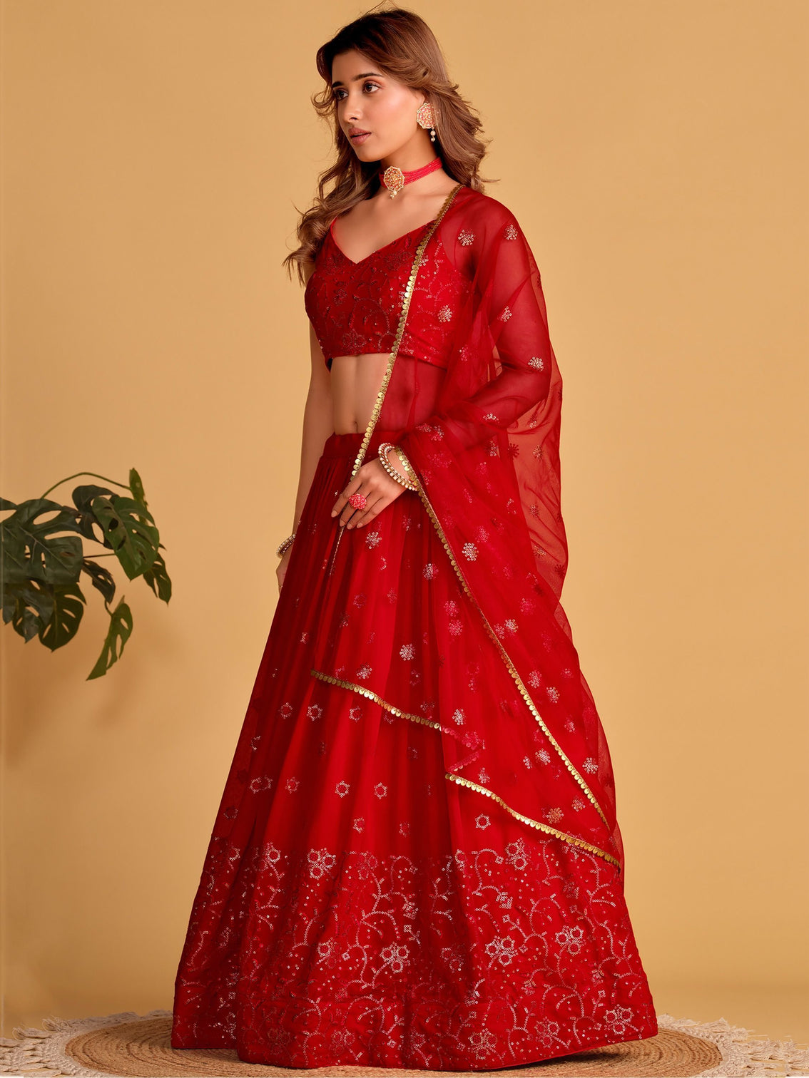 Red Embroidered Georgette Lehenga Choli for your Engagement