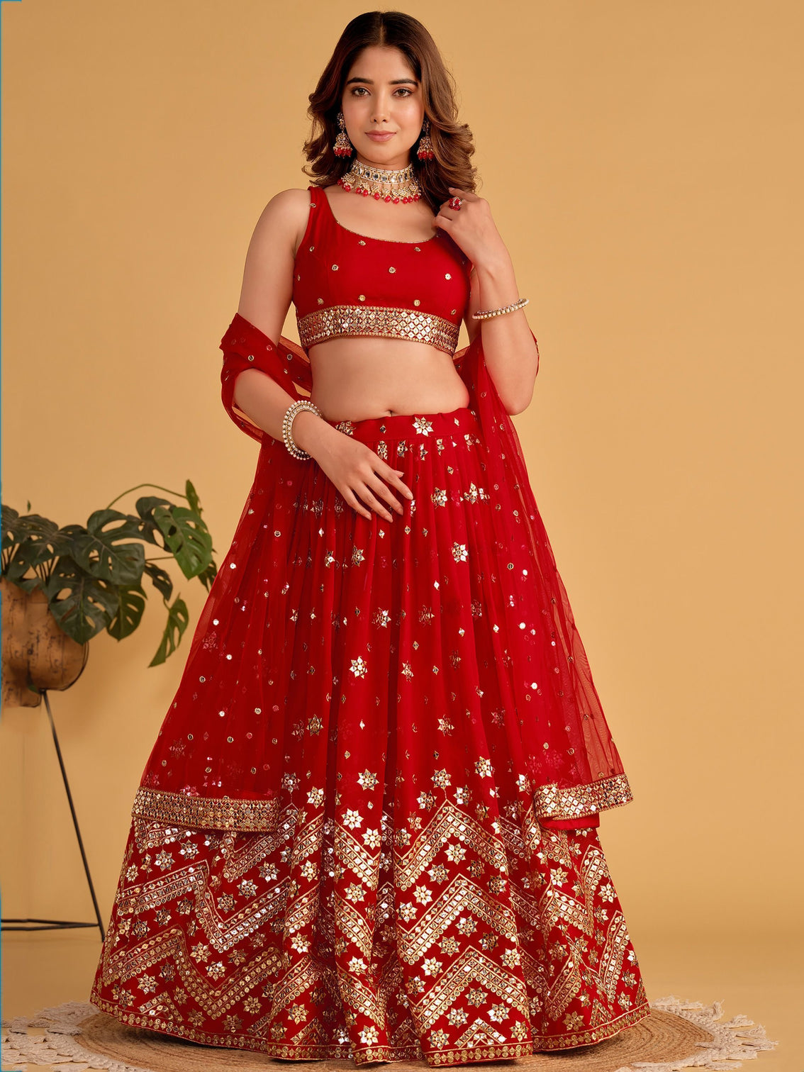 Red Sequin Georgette Wedding Lehenga Choli Set