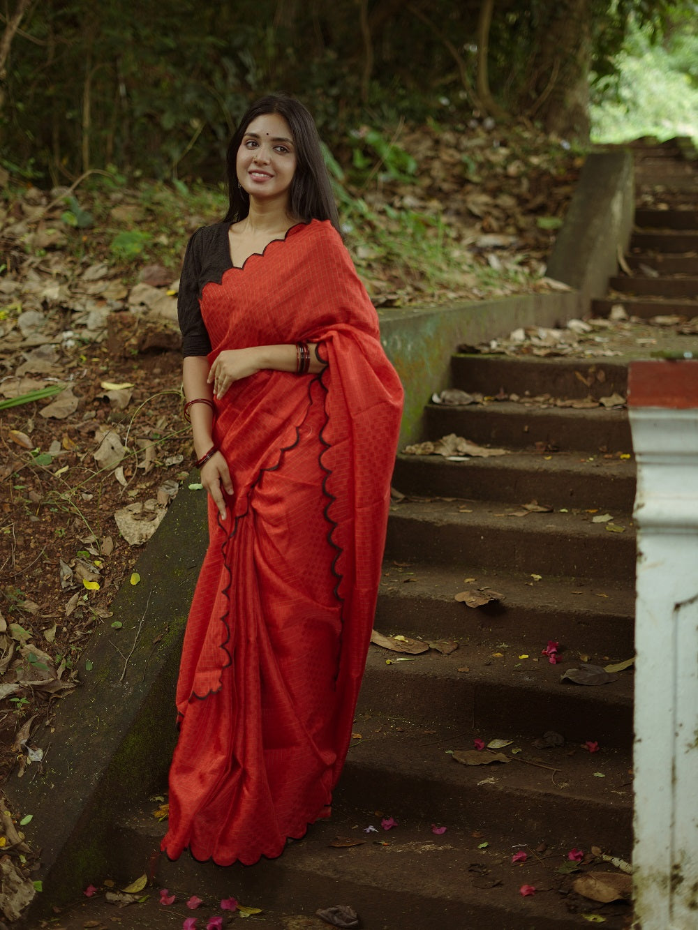 Exquisite Red Gadhwal Chex Saree with Arca Work and Lucknowi Work Blouse