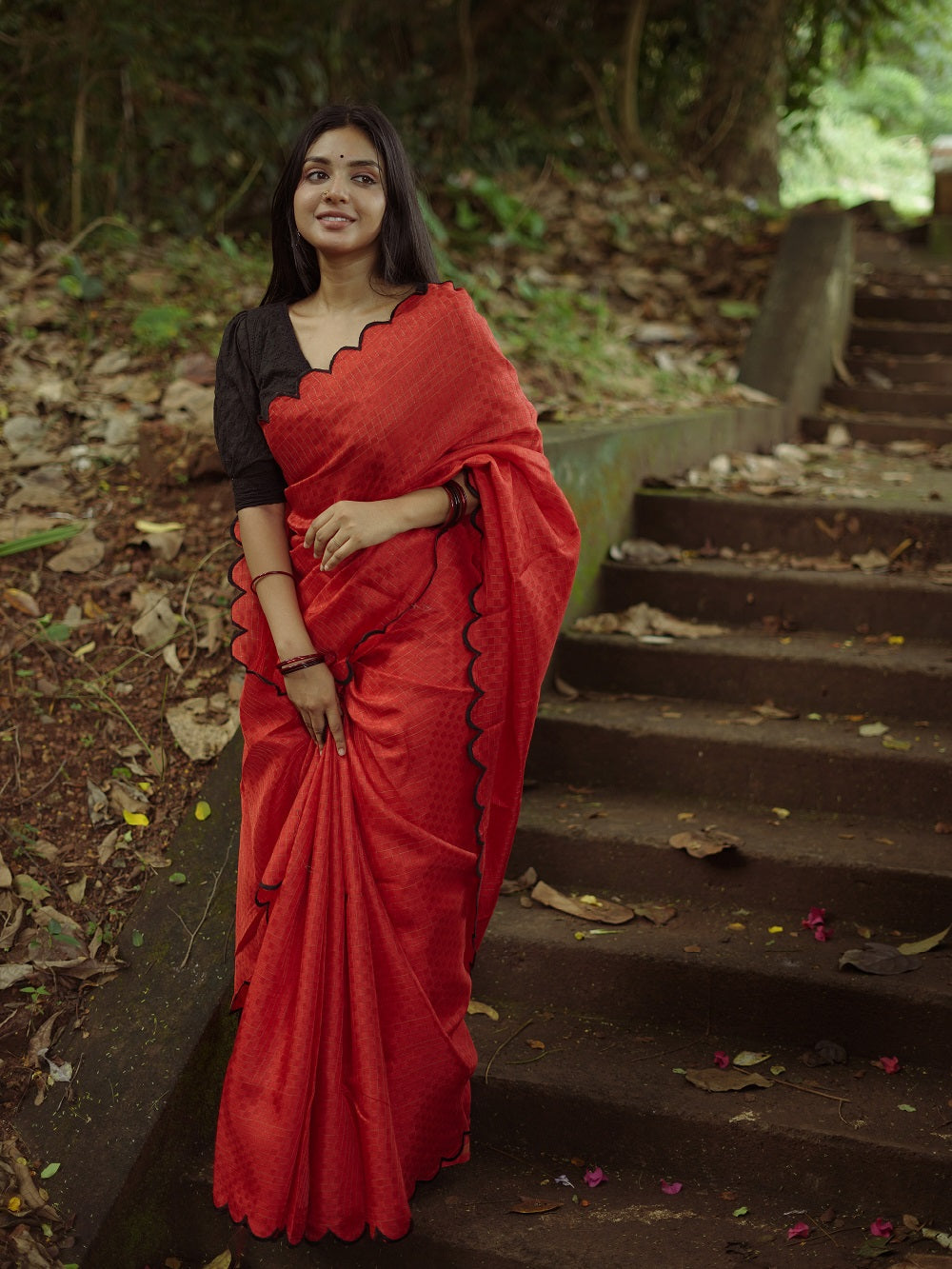 Exquisite Red Gadhwal Chex Saree with Arca Work and Lucknowi Work Blouse