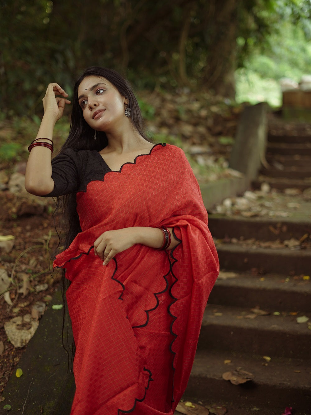 Exquisite Red Gadhwal Chex Saree with Arca Work and Lucknowi Work Blouse