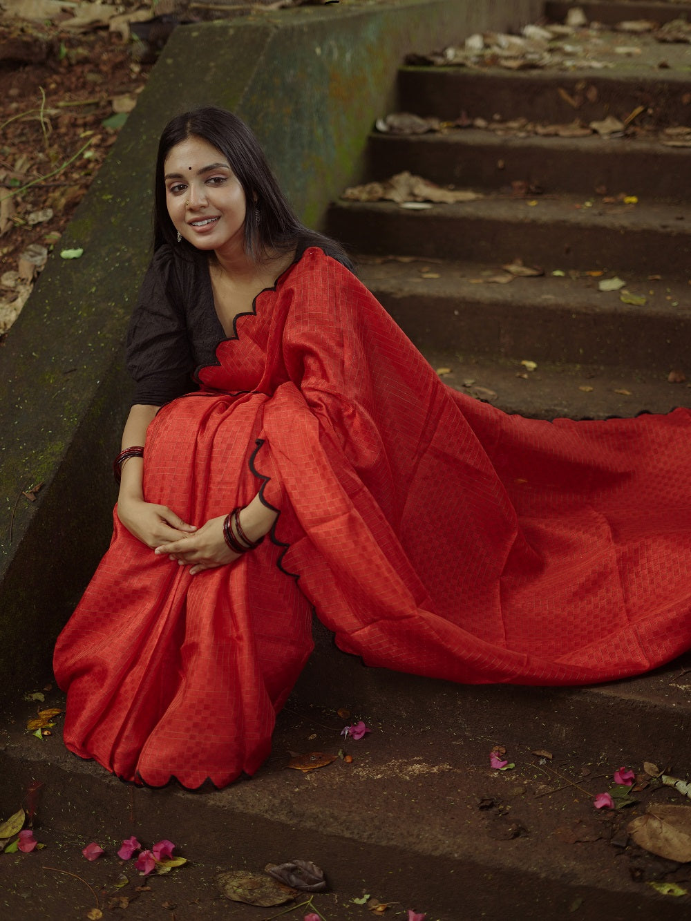 Exquisite Red Gadhwal Chex Saree with Arca Work and Lucknowi Work Blouse