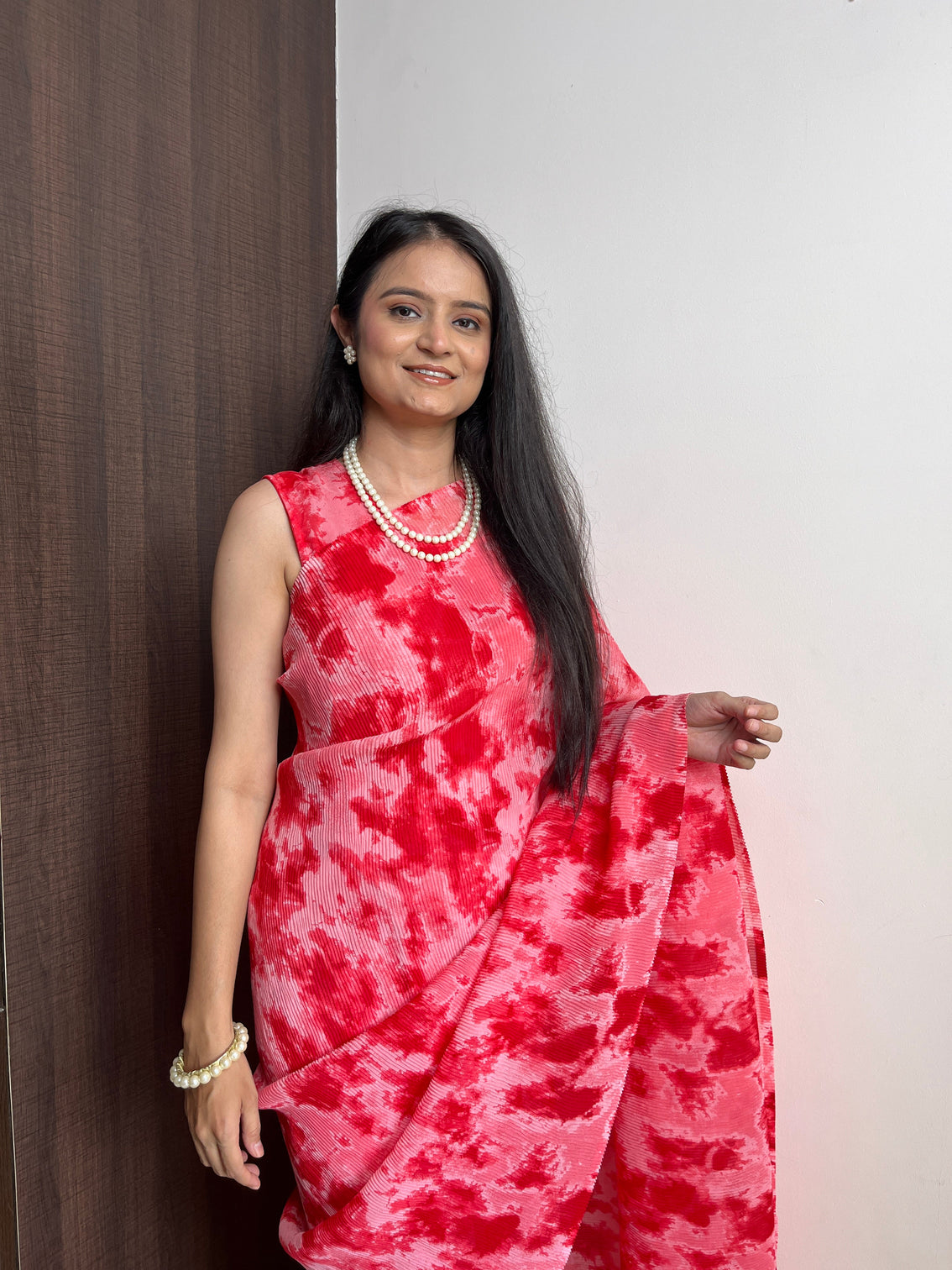 Red Faux Georgette Crushed Saree Gown with Digital Shibori Print