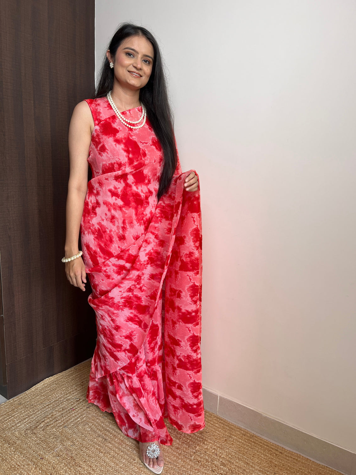 Red Faux Georgette Crushed Saree Gown with Digital Shibori Print