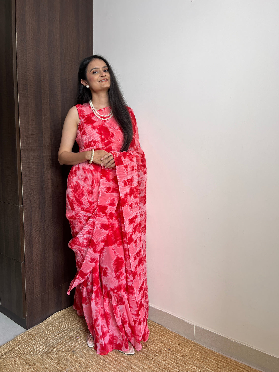Red Faux Georgette Crushed Saree Gown with Digital Shibori Print
