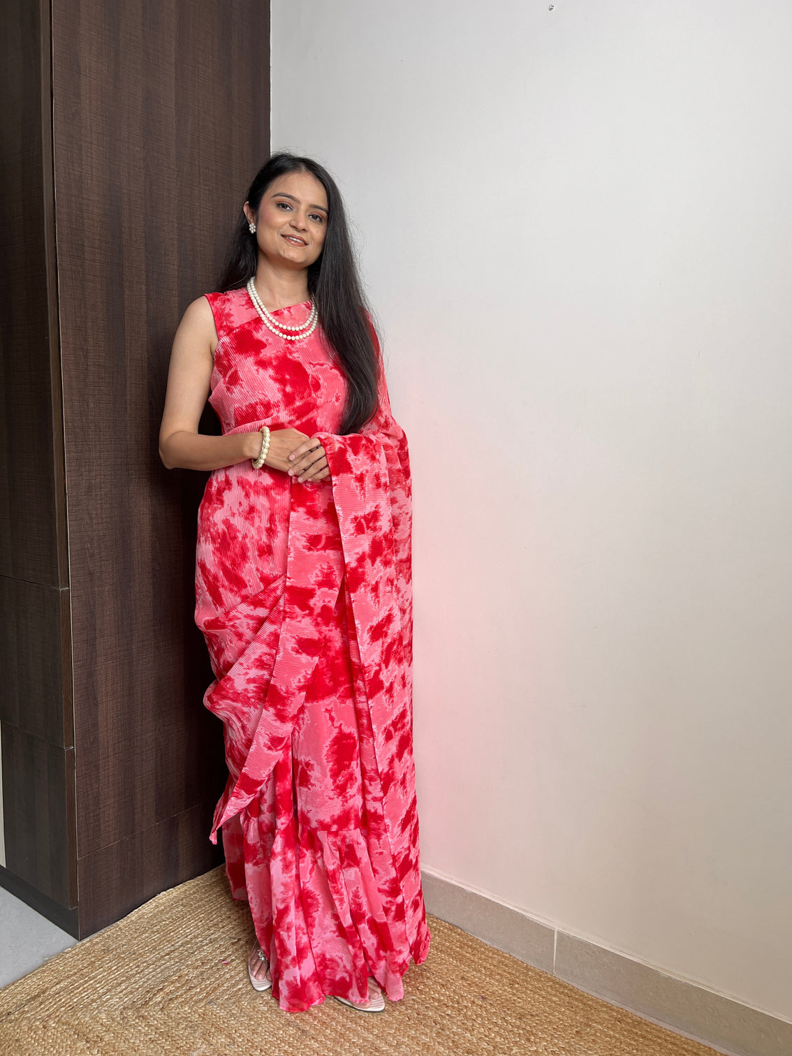 Red Faux Georgette Crushed Saree Gown with Digital Shibori Print