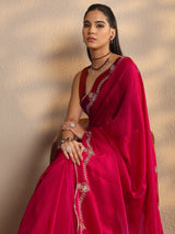 Libas Red Solid Silk Blend Saree With Unstitched Blouse Piece