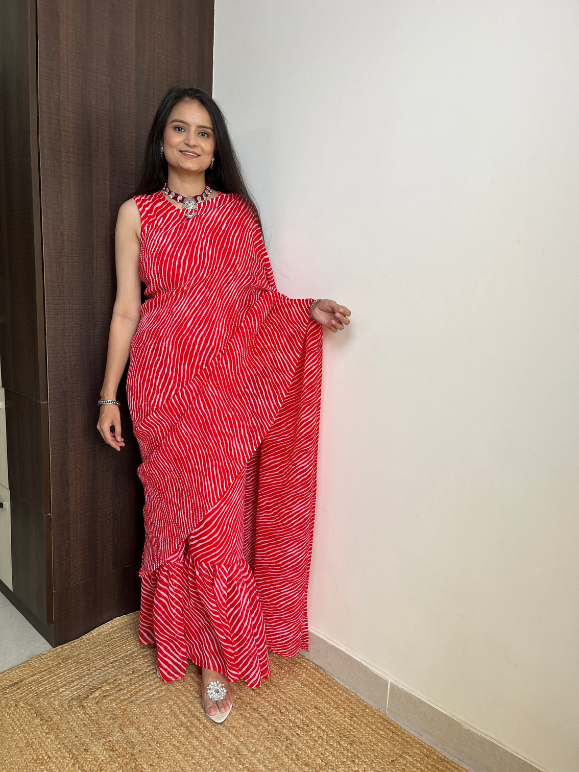 Red Faux Georgette Crushed Saree Gown with Digital Prints