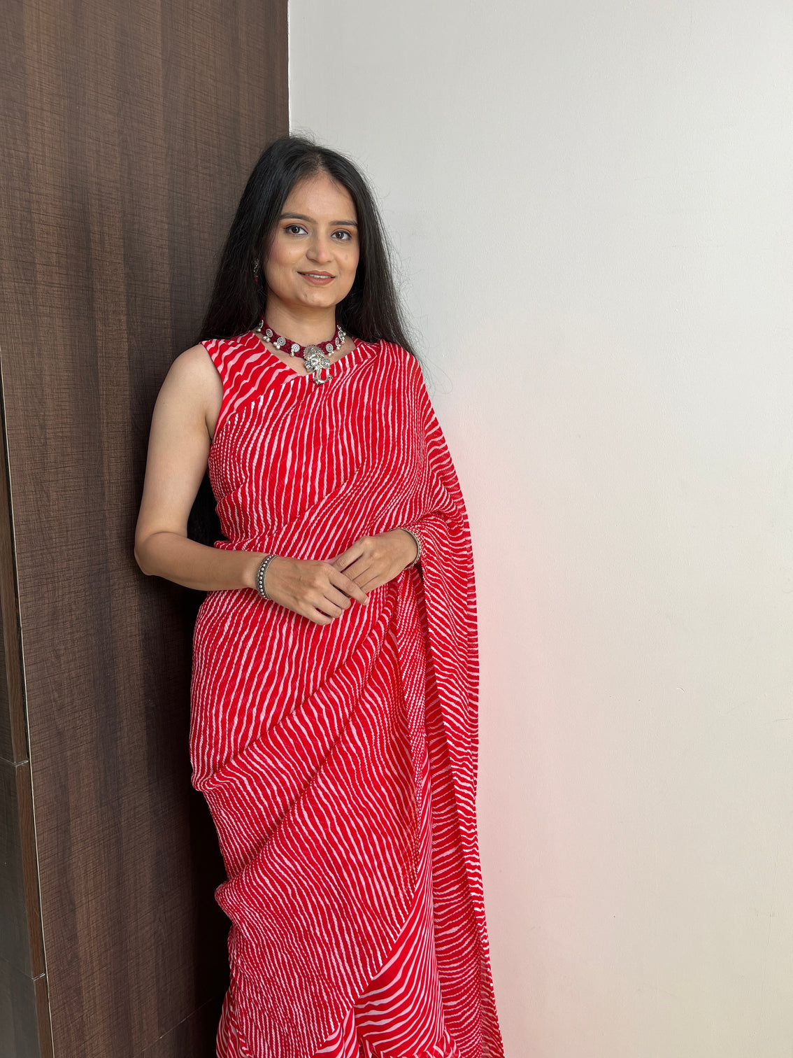 Red Faux Georgette Crushed Saree Gown with Digital Prints