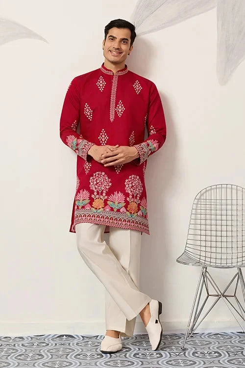 Unique Style Red Color Embroidered Kurta for Mens Wear