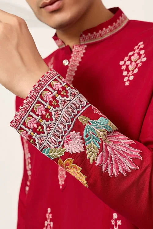 Unique Style Red Color Embroidered Kurta for Mens Wear