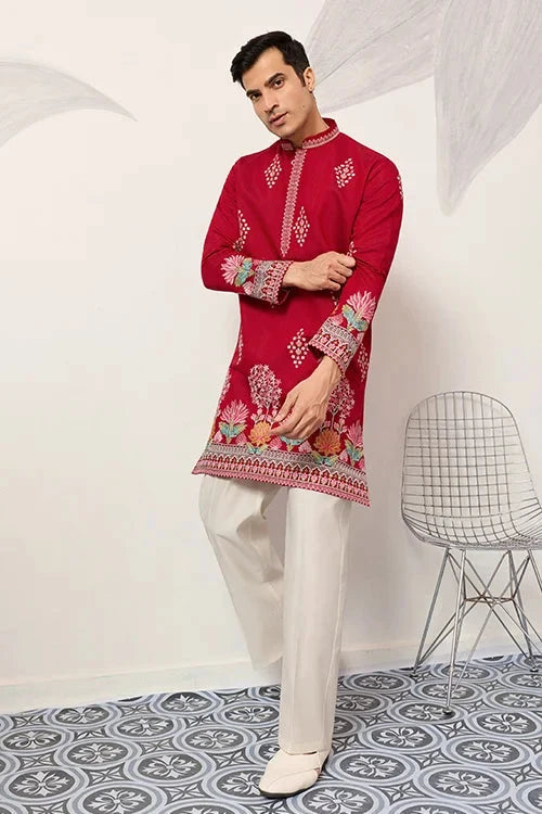 Unique Style Red Color Embroidered Kurta for Mens Wear