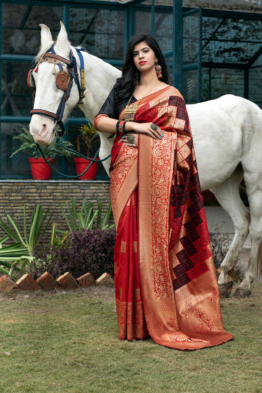 Red Banarasi Silk Festival Wear Saree With Blouse