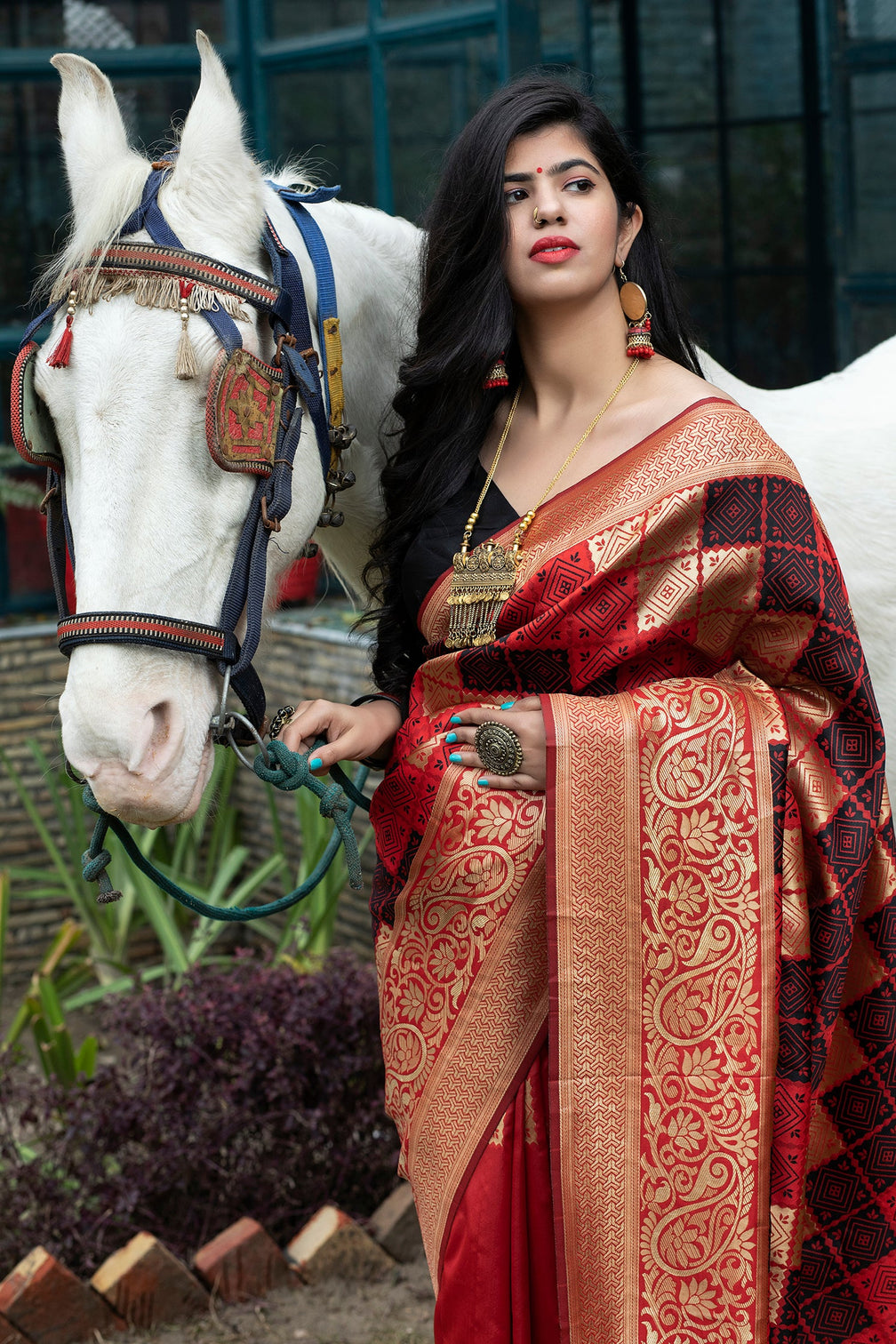 Red Banarasi Silk Festival Wear Saree With Blouse