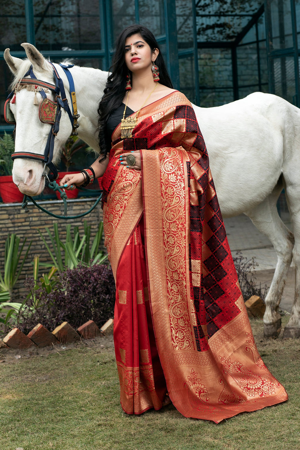 Red Banarasi Silk Festival Wear Saree With Blouse