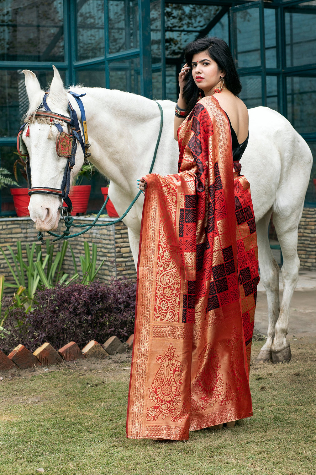 Red Banarasi Silk Festival Wear Saree With Blouse