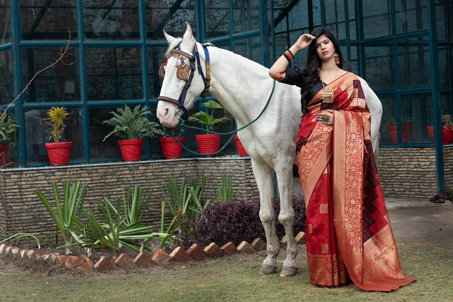 Red Banarasi Silk Festival Wear Saree With Blouse
