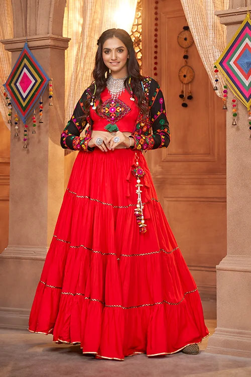 Red Contrast with Black Koti Style Latest Designer Chaniya Choli for Navratri