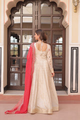Cream Trending Cosmos Jacquard Gown with Bandhani Cut-Work Dupatta  Pearl Beads Embroidery Full-Stitched Elegance