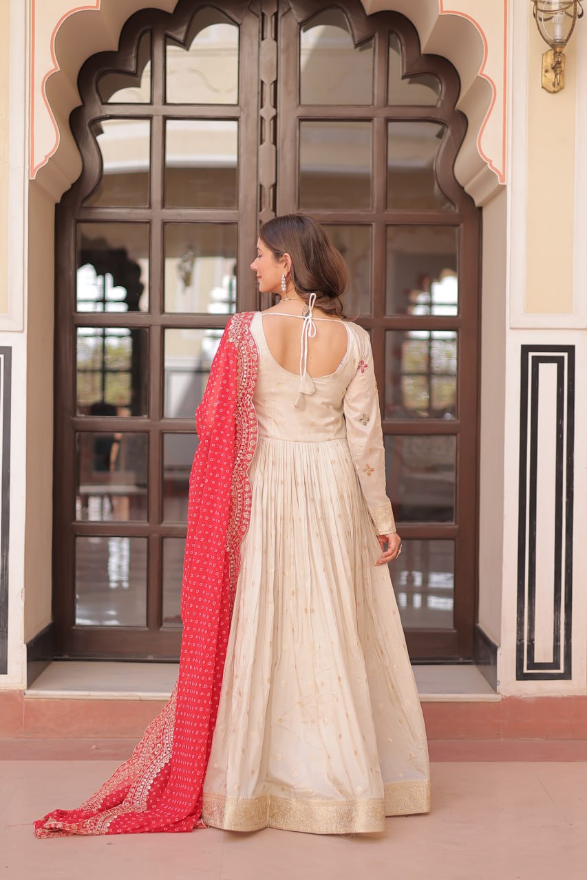 Cream Trending Cosmos Jacquard Gown with Bandhani Cut-Work Dupatta  Pearl Beads Embroidery Full-Stitched Elegance