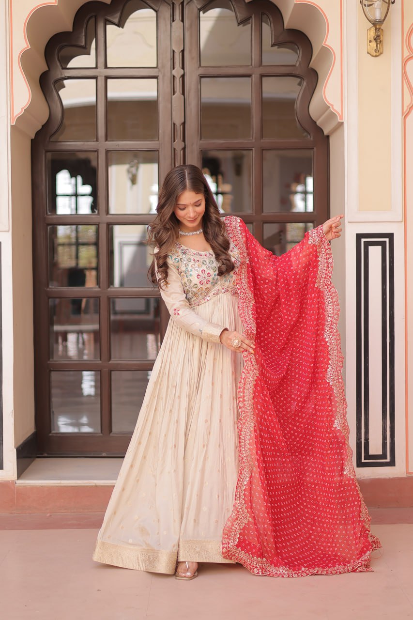 Cream Trending Cosmos Jacquard Gown with Bandhani Cut-Work Dupatta  Pearl Beads Embroidery Full-Stitched Elegance