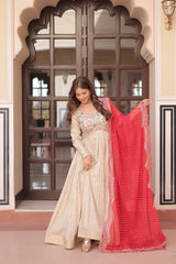 Cream Trending Cosmos Jacquard Gown with Bandhani Cut-Work Dupatta  Pearl Beads Embroidery Full-Stitched Elegance