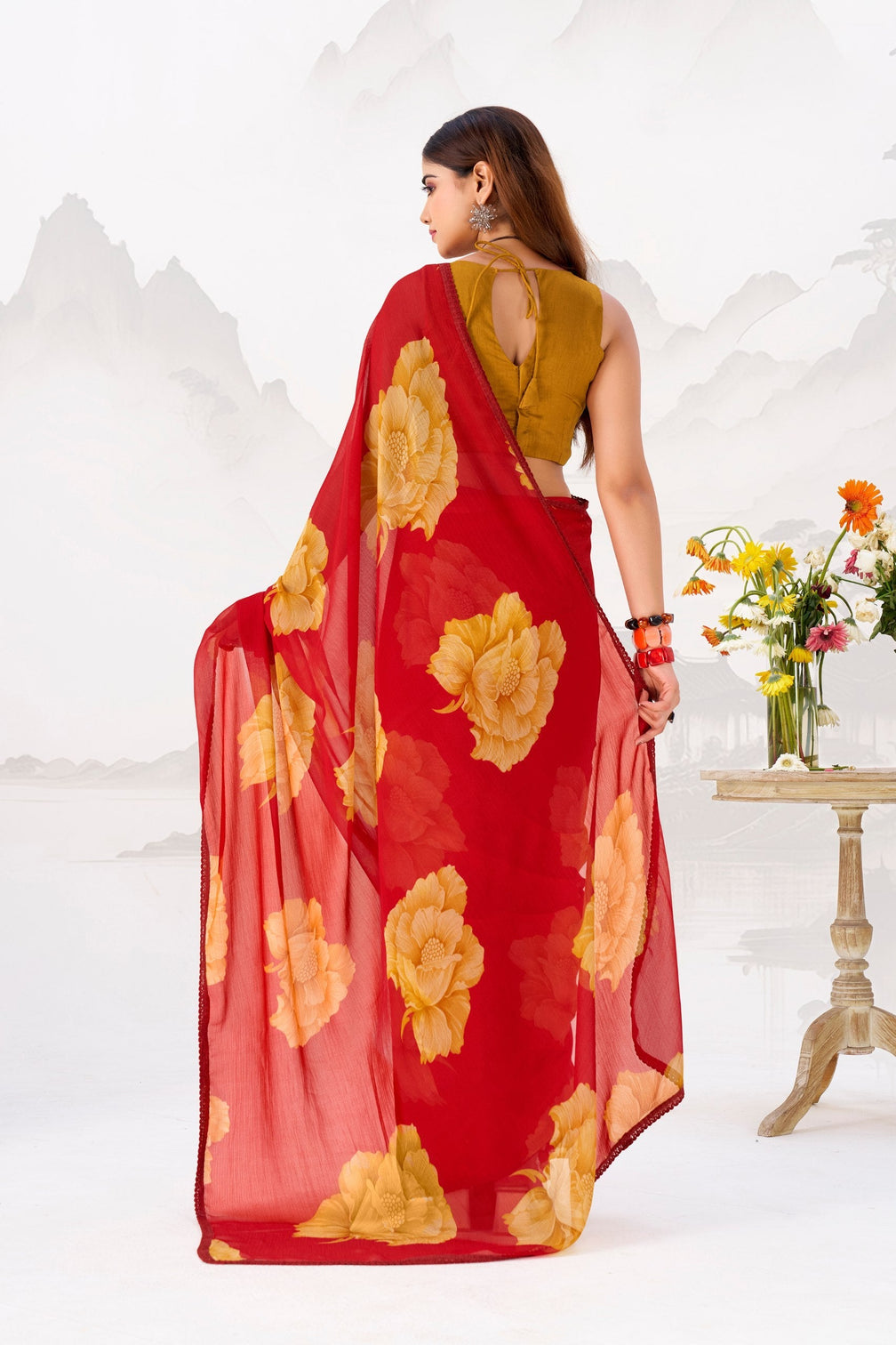 Red Elegant Chiffon Saree with Floral Print & Lace Border – Unstitched Banglory Blouse