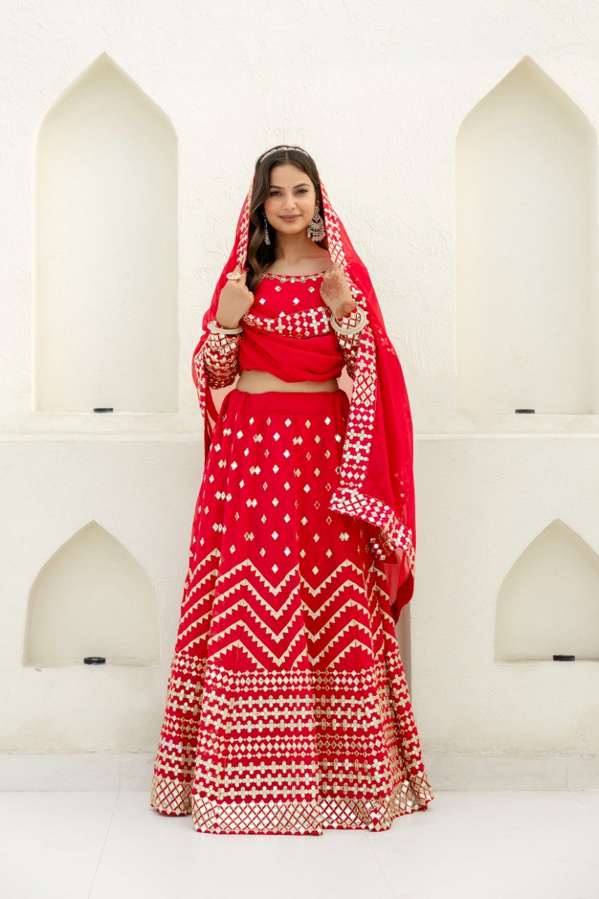 Red Elegant Georgette Foil Embroidered Lehenga Set with Dupatta – Semi-Stitched Lehenga & Unstitched Blouse