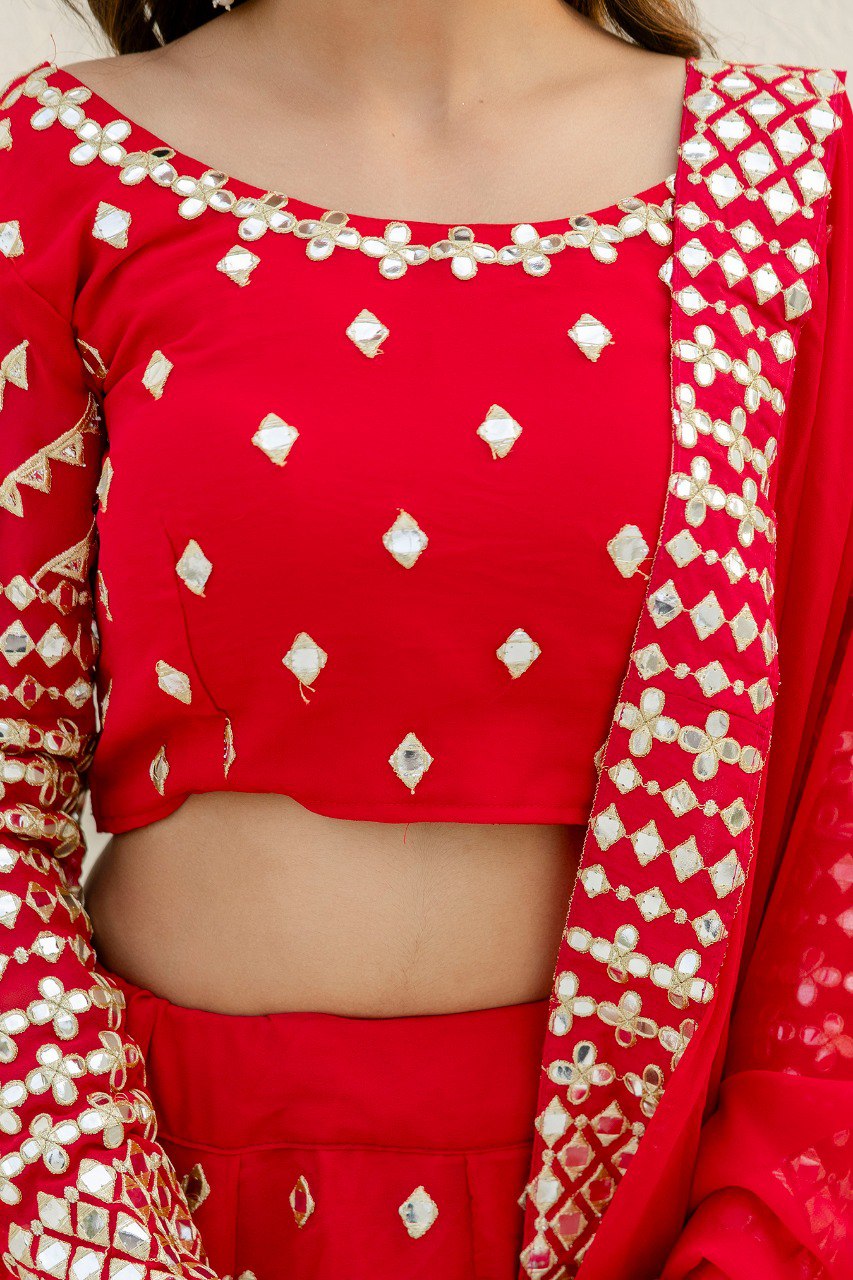Red Elegant Georgette Foil Embroidered Lehenga Set with Dupatta – Semi-Stitched Lehenga & Unstitched Blouse