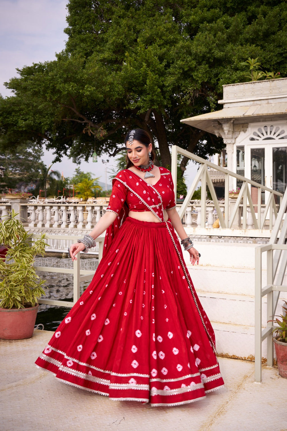 Red Elegant Pure Chanderi Bandhej Print Lehenga Set with Blouse & Dupatta – Stitched with Canvas and Lace Detailing