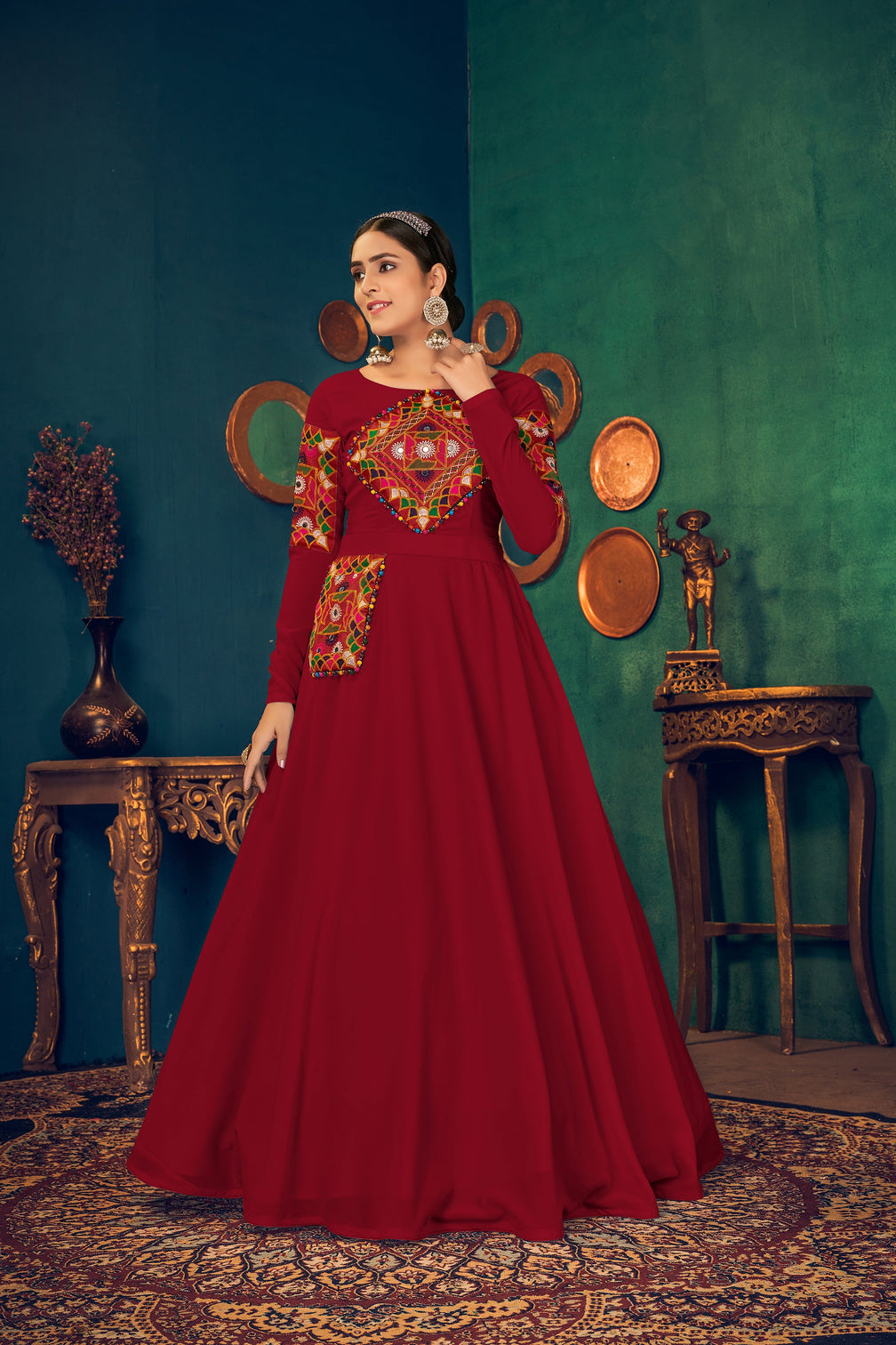 Red Embroidered Georgette Evening Long Gown Semi Stitched