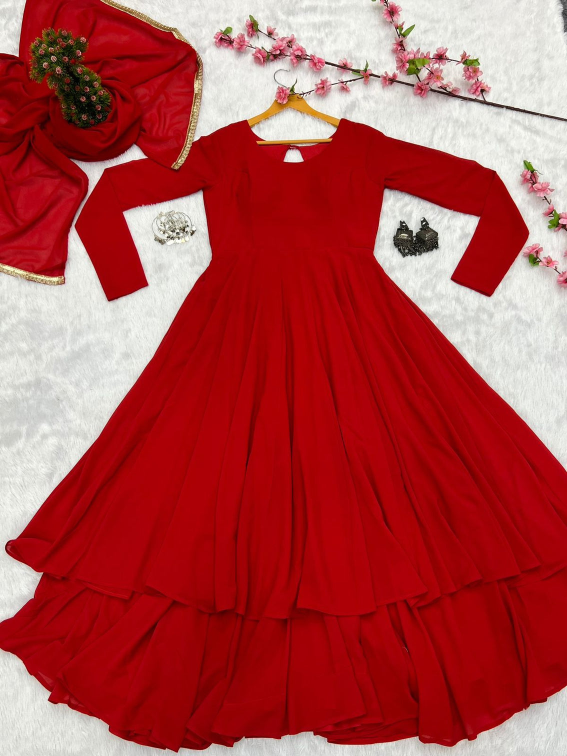 Red Faux Georgette Plain Gown With Dupatta