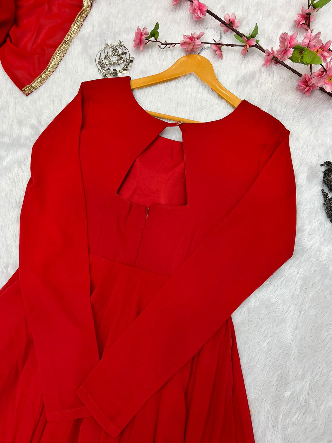 Red Faux Georgette Plain Gown With Dupatta