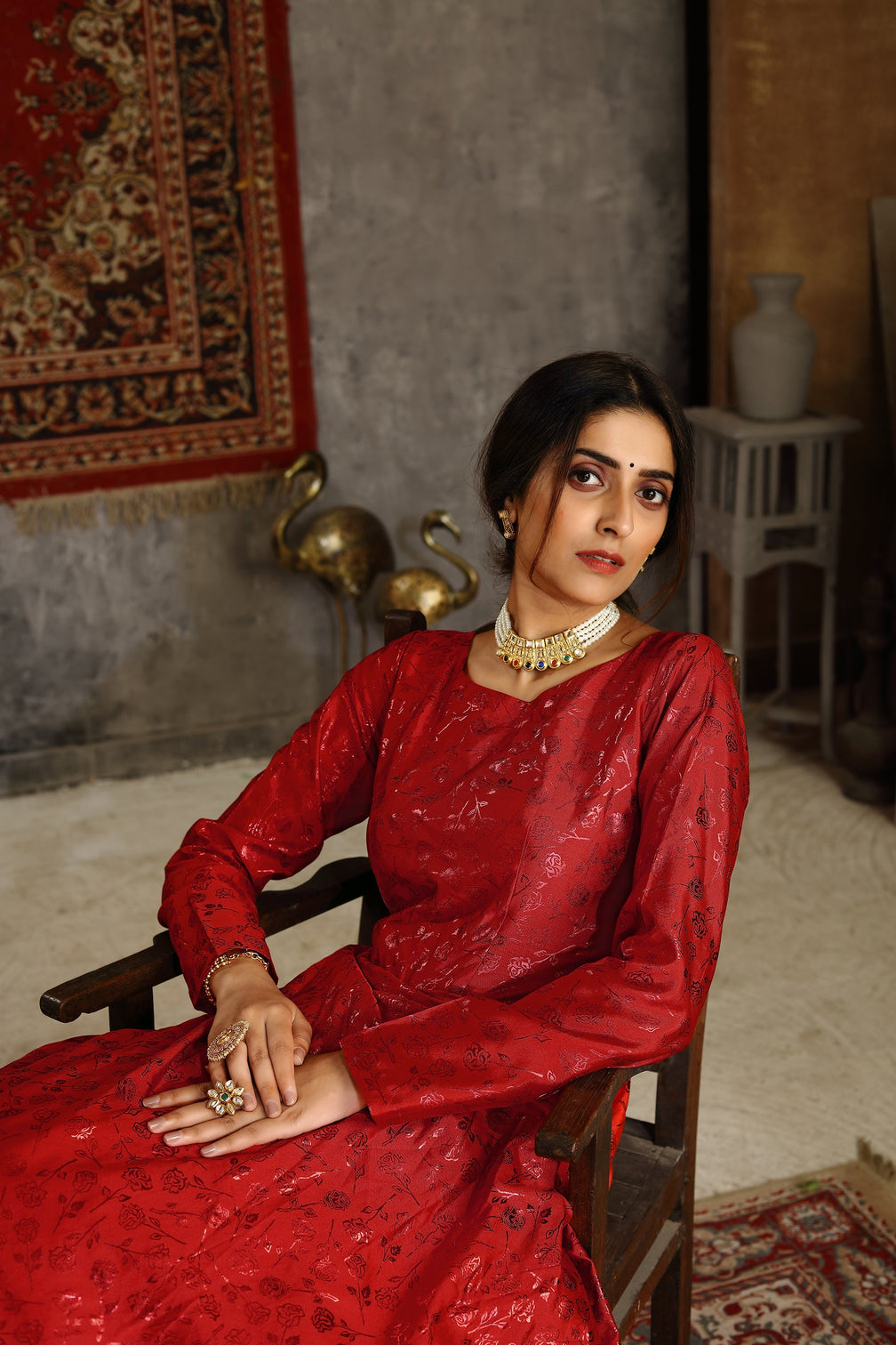 Red Foilage Print Taffeta Silk Party Wear Gown Semi Stitched