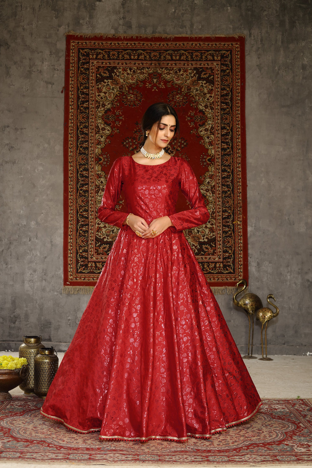 Red Foilage Print Taffeta Silk Party Wear Gown Semi Stitched
