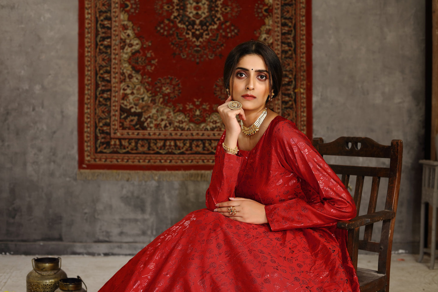Red Foilage Print Taffeta Silk Party Wear Gown Semi Stitched